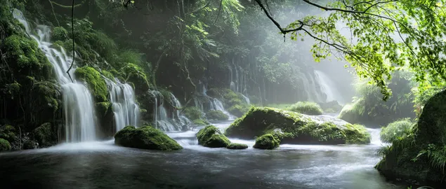 Cascadas que fluyen en el bosque en primavera 6K fondo de pantalla