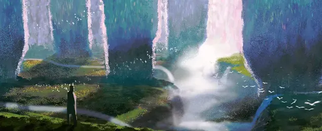 Водопади в тъмна гора 4K тапет