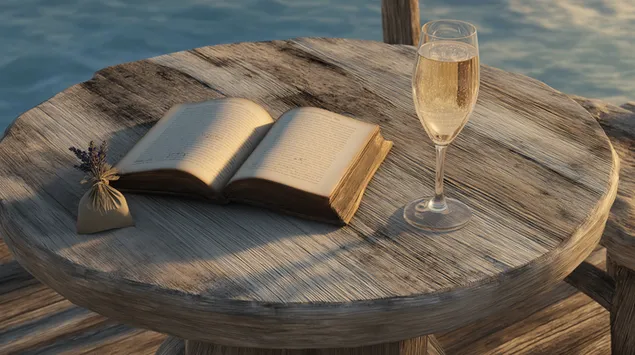 Verweerde houten tafel met boek en champagne 2K achtergrond