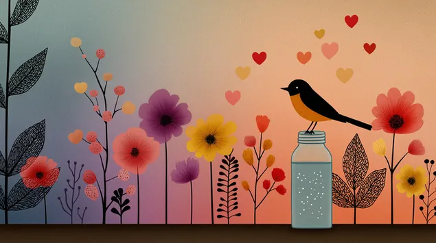 Schéine Vugel a Blummendoodle op mëllen Gradient 2K Tapeten