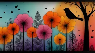 Whimsical Garden Scene with Bird on Tree and Heart Motifs 2K wallpaper