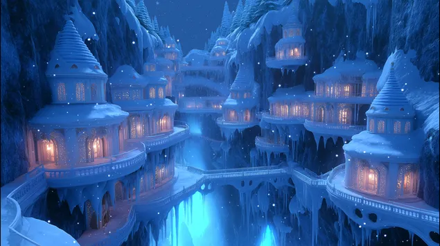 Muhasta ledena vas z očarljivimi svetlečimi bivališči 2K ozadje