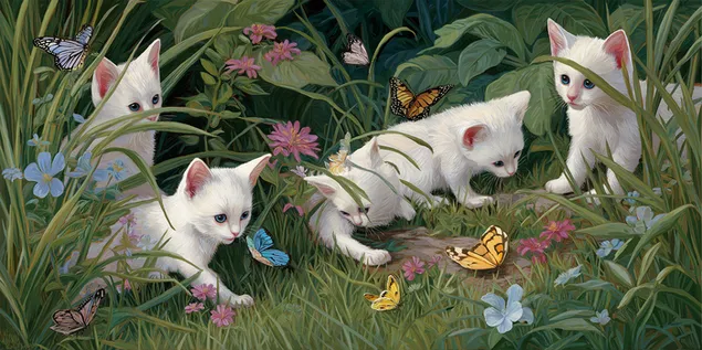 oikukkaat kissanpennut leikkivat kasvien ja perhosten keskella lataa