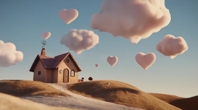 muat turun landskap aneh dengan rumah nyaman dan awan berbentuk hati