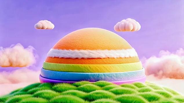 Çimenli Tepe Üzerinde Kabarık Bulutlar ve Mor Gökyüzüyle Tuhaf Katmanlı Gökkuşağı Kubbe Yapısı 4K duvar kağıdı