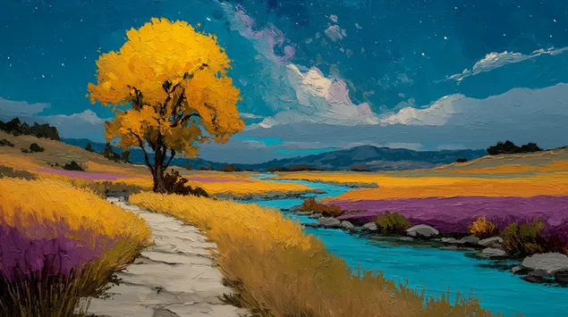 منظر ليلي رائع مليء بالنجوم مع شجرة صفراء زاهية 2K خلفية