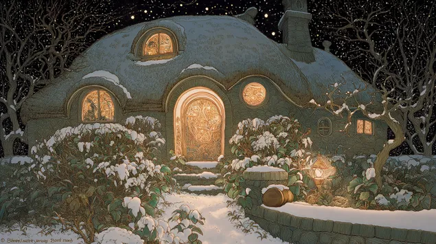 Причудливый сказочный домик с соломенной крышей в снегу 2K обои