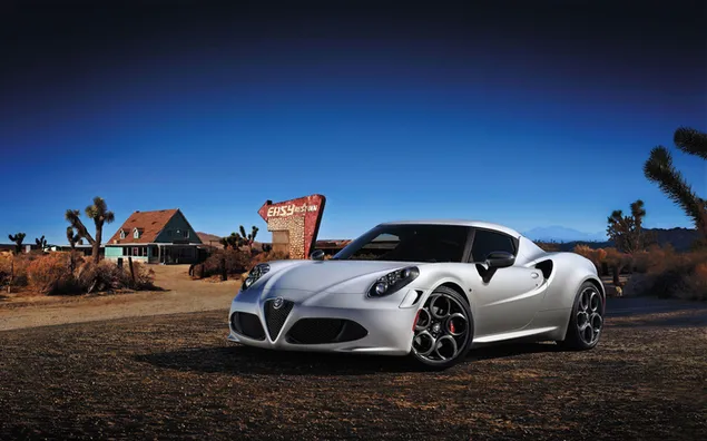 Biała Alfa Romeo 4C na polnej drodze 2K tapeta