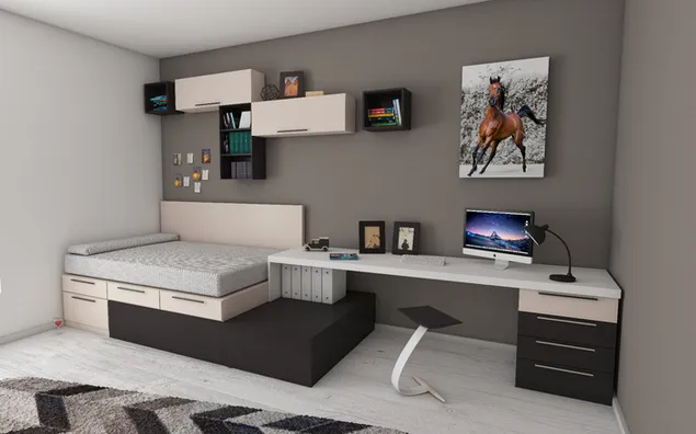 White and black desk beside bed and window, apartment, bedroom