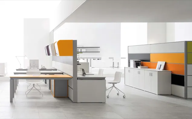 Muebles de madera blancos y naranjas, oficina de trabajo moderna de diseño. descargar