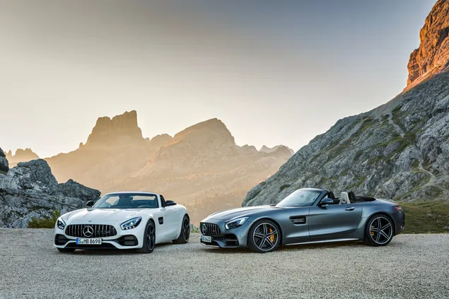 Witte en zilveren Mercerdes AMG GT met rocky mountains-achtergrond 4K achtergrond