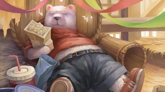 valkoinen karhu nukkuu sohvalla popcornit kadessaan ja juo sen vieressa lataa