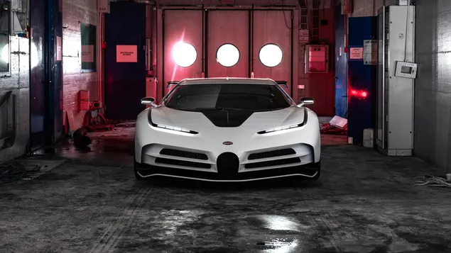 Witte Bugatti Centodieci in een garage 8K achtergrond