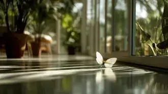 Weißer Schmetterling auf sonnigem Boden mit Fensterlicht 2K Hintergrundbild