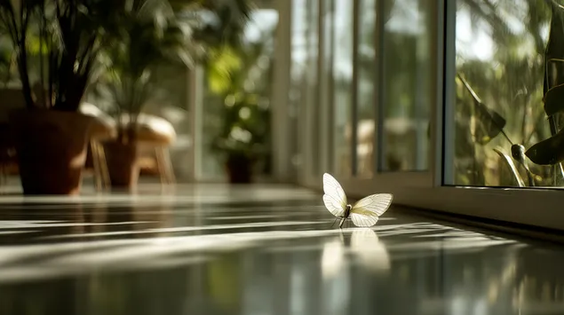 vit fjaril pa soligt golv med fonsterljus ladda ner