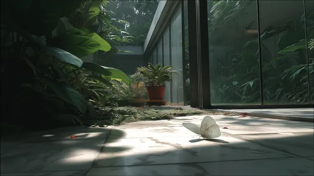 flutur e bardhe ne dysheme me pllaka me gjelberim te harlisur shkarkim