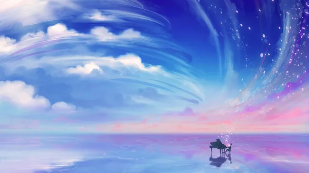 青と紫のトーンとピアノを弾くピアニストの間の白い雲