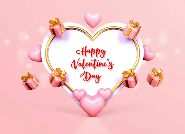 Weißes Herz mit goldenem Rahmen und fröhlichem Valentinstag-Schriftzug im Inneren, kleines Herz und Geschenke, rosafarbener Hintergrund herunterladen