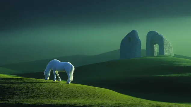 Kullotja e kuajve të bardhë pranë rrënojave të lashta në kodrat e gjelbra 2K sfond