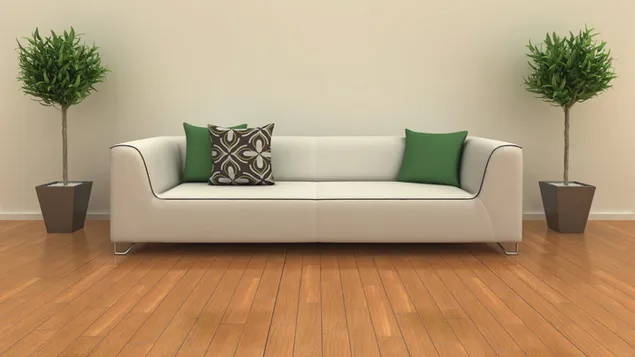 Бела кожна софа и три перници за фрлање со дрво на страничниот дизајн на просторијата 4K тапет