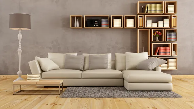 Sofa kulit putih dan rak buku yang dipasang di dinding unduhan