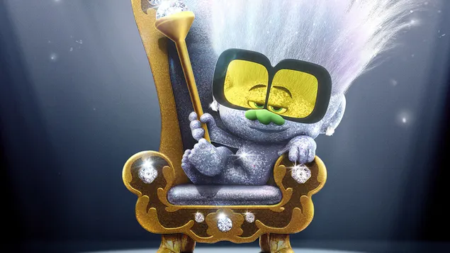 Wit langharig personage met gele ogen uit een Amerikaanse computergeanimeerde muzikale komediefilm 4K achtergrond