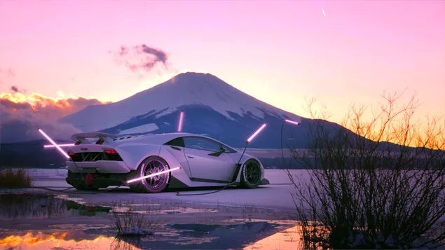 Montaña blanca y Lamborghini 4K fondo de pantalla