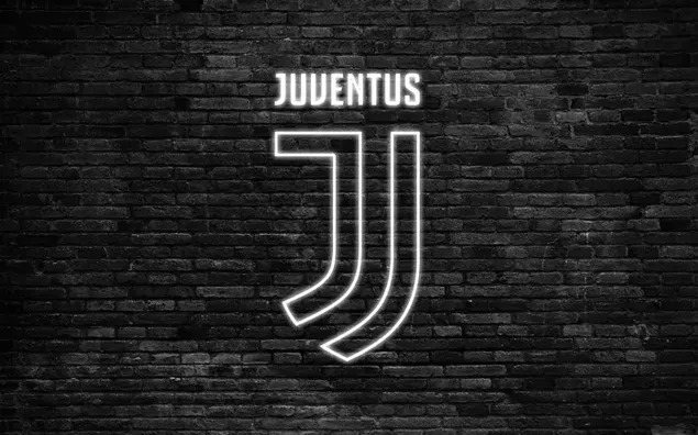 Wit neon verlicht logo van Juventus Football club voor een zwart-witte muur