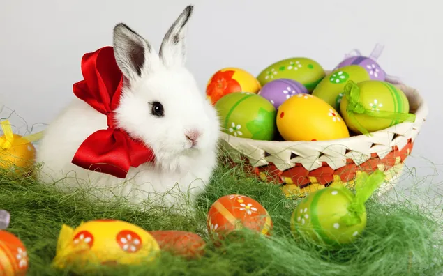 Weißes Kaninchen neben einem Korb mit bemalten Ostereiern 2K Hintergrundbild