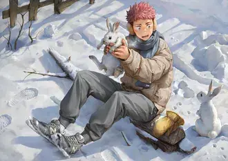 Witte konijnen en Jujutsu Kaisen op sneeuwgrond 2K achtergrond