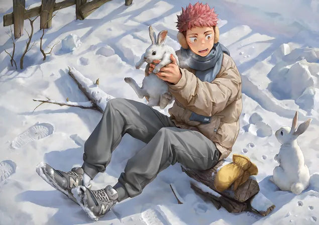 Witte konijnen en Jujutsu Kaisen op sneeuwgrond download