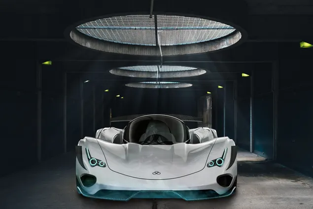 Witte Super auto in een garage 6K achtergrond
