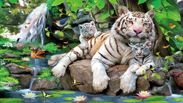 Witte tijger en welpen in het paradijs download
