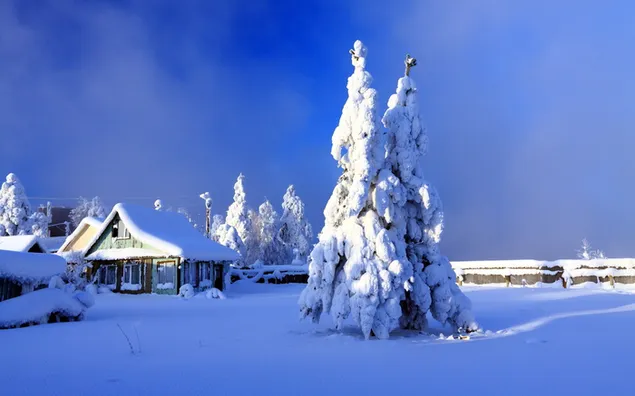 Invierno blanco en un pequeño pueblo HD fondo de pantalla