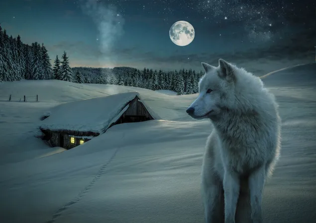 White wolf near the snow-covered house