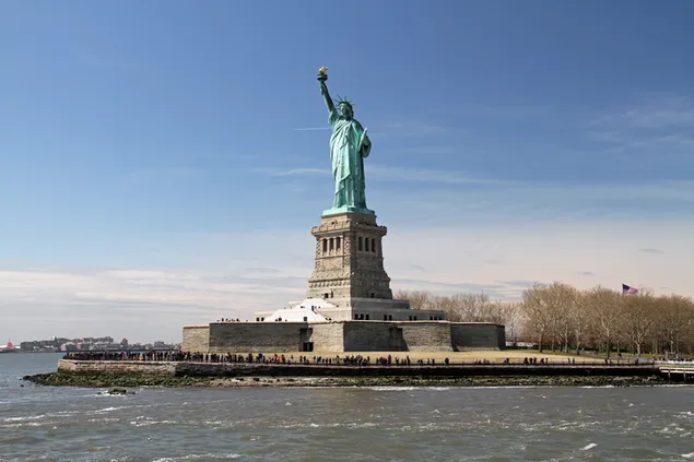 Wide angle photograph of the statue of liberty in USA, new york