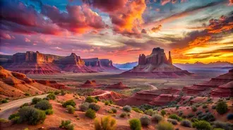 Breet oppe Wüst mat engem dramatesche roude Rock Canyon an engem liewege rosa a purpurroude Sonnenënnergang 4K Tapeten