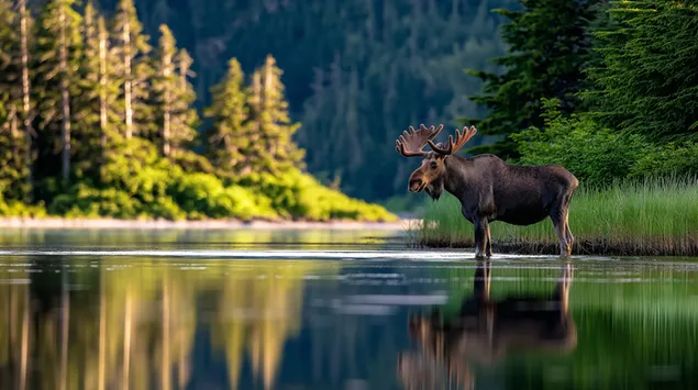 Hình nền Nai sừng tấm hoang dã trong hồ nước tĩnh lặng với hình ảnh phản chiếu của cây 2K