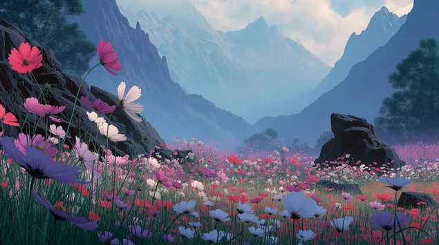 livada s divi tsvetya v planinska dolina izteglyane