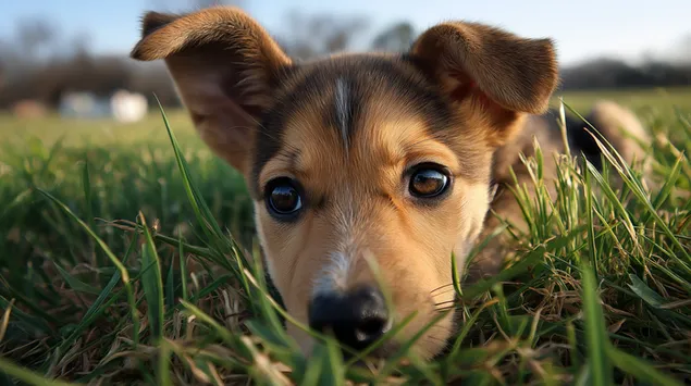 Misterio de la vida silvestre. Orejas peludas asomando entre la hierba alta. 2K fondo de pantalla