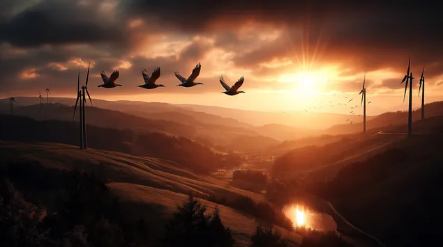 windpark bei sonnenuntergang uber sanften hugeln und fliegenden vogeln herunterladen