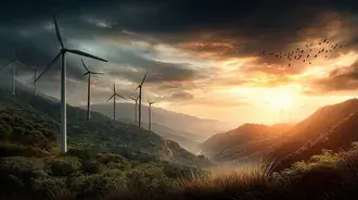 windmolenpark op beboste heuvels bij dramatische zonsondergang of zonsopgang download