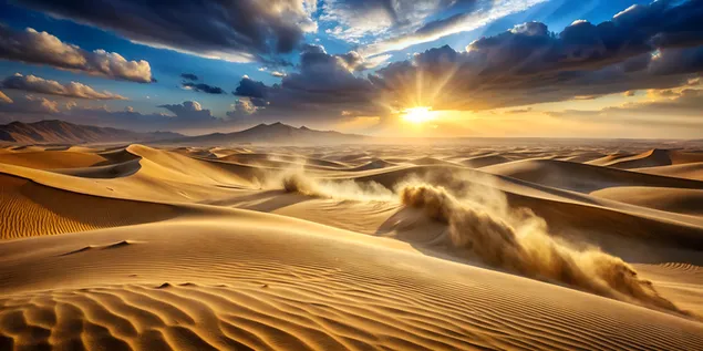 Vjetar dina: pješčana oluja koja hara pustinjom sa sunčevom svjetlošću koja prodire kroz izmaglicu 4K pozadina