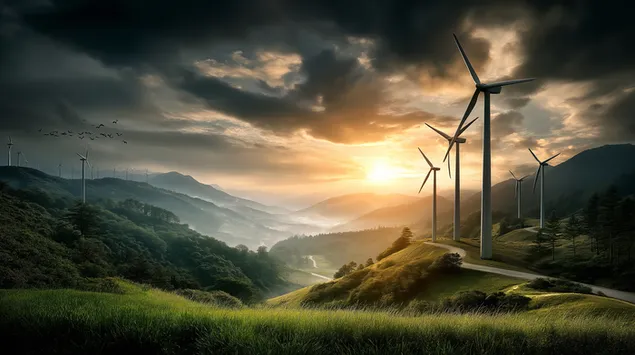 windkraftanlagen in einer hugeligen landschaft bei sonnenaufgang oder sonnenuntergang herunterladen