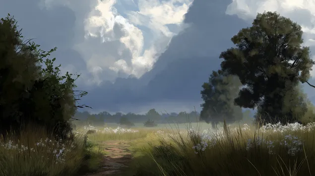 蜿蜒的土路穿过云层下的田野 2K 壁纸