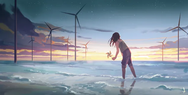 海洋中的风车 2K 壁纸