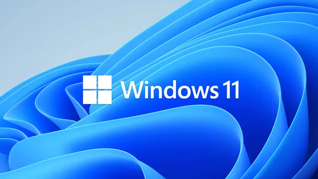 明るい青のグラデーションの背景と中央のロゴに Windows 11 の青い波 4K 壁紙