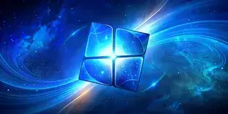 Tapeta Zářící logo Windows 11 na tmavě modrém pozadí se stylovým vzhledem 4K