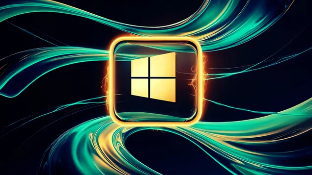 Logoja e Windows 11 me një efekt ari dhe rrotullime jeshile 4K sfond