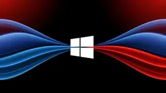 windows 11 logo with dynamic red and blue waves on black background - digital technology concept